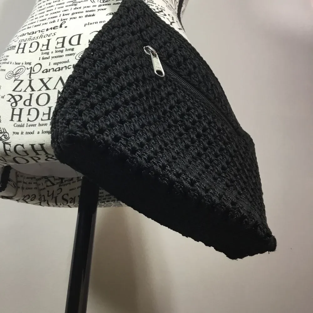 Lina black crochet crossbody or shoulder bag with plaited strap and pockets